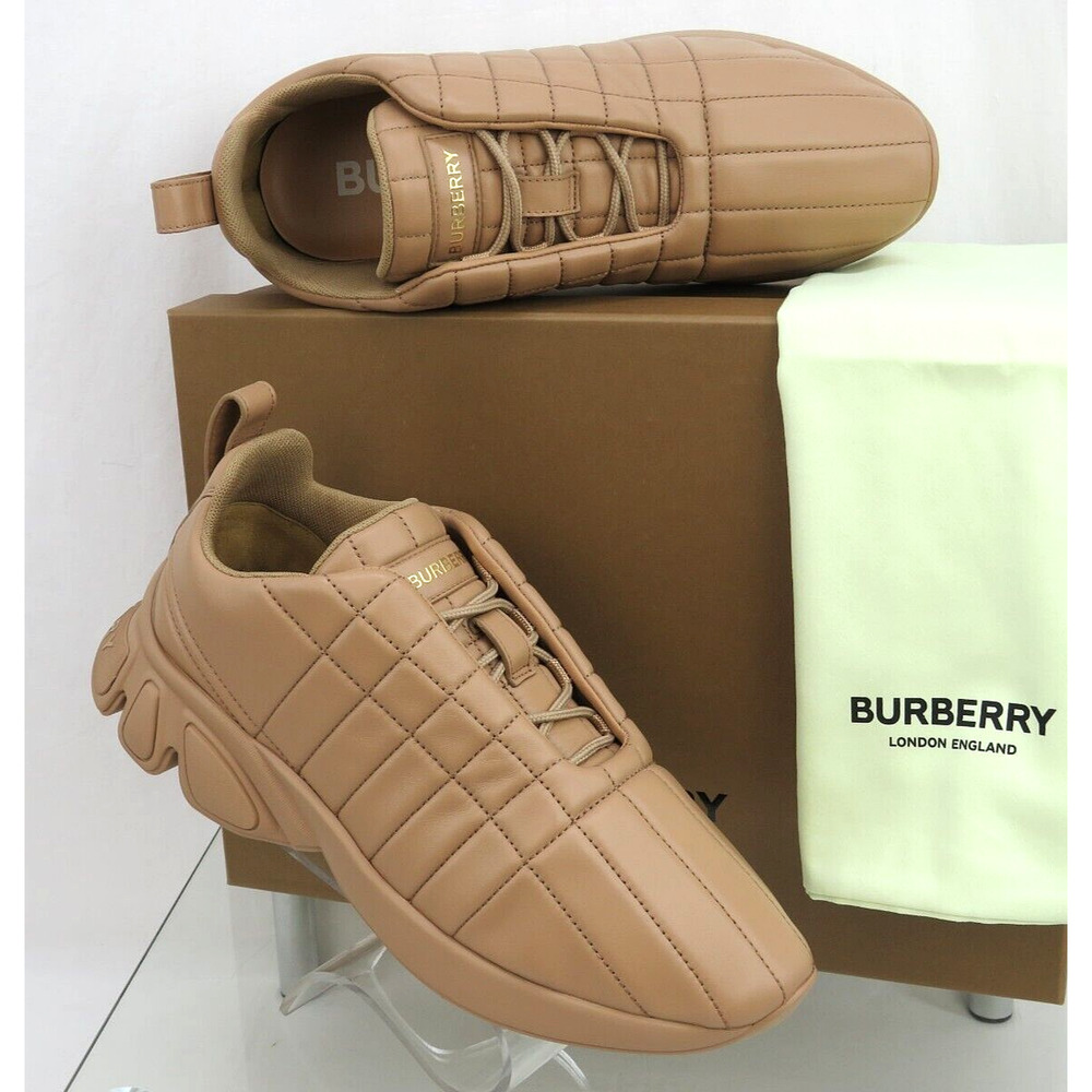 $850 BURBERRY AXBURTON BISCUIT TAN CHECK QUILTED LEATHER LOGO SNEAKERS 13 US 46 - Picture 4 of 12